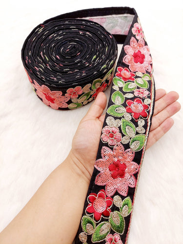 Black Silk Fabric Embroidered Trim, Floral Embroidery Indian Sari Border Trim By Yard Decorative Trim Craft Lace, Sequins Trim
